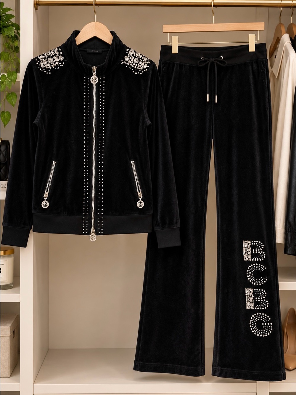 BCBGMaxAzria Black Embellished Velour Jacket & Pants Set